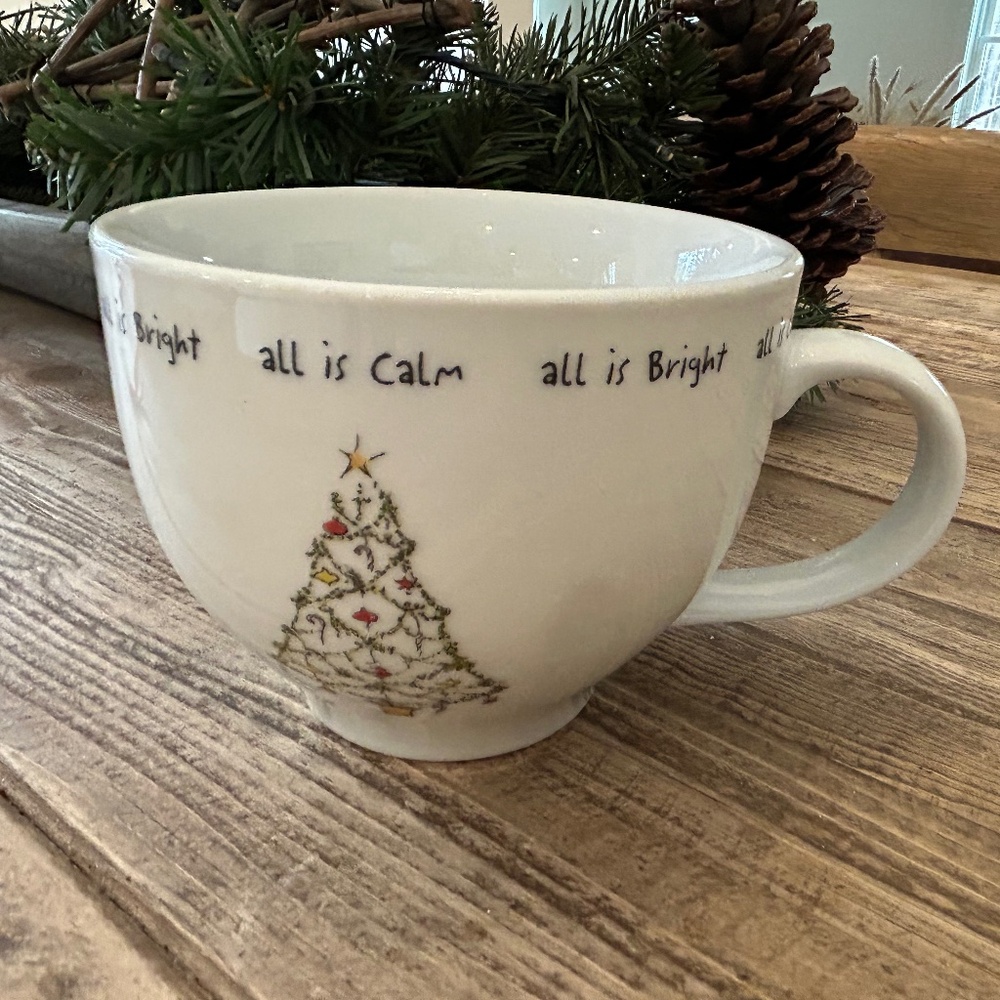 Pottery Barn Holiday Cheer Christmas Tree All is Bright All is Calm Mug Cup 20oz